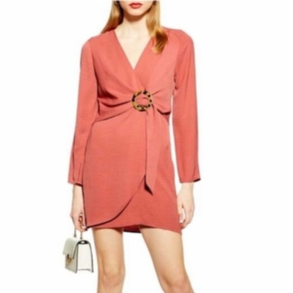 Topshop Red Orange Wrap Mini Dress NWT | Long Sleeve V-Neck Size 6
